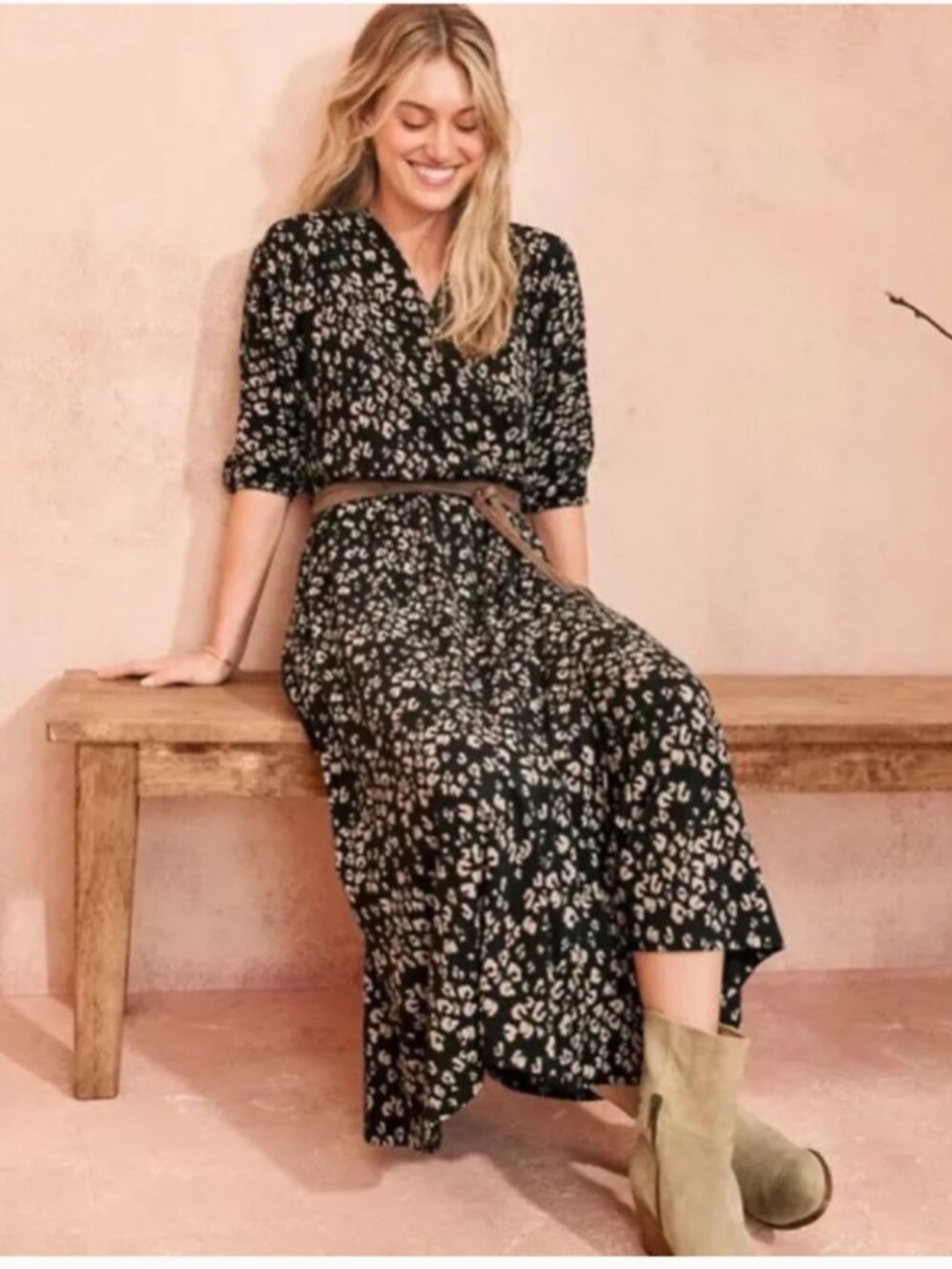 Garnet Hill Black Floral Midi Wrap Dress